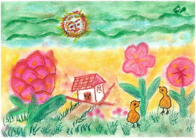 陽光下,小屋在花裡笑-【網路票選】2025國際失智症月-創意無限「抗爭流失記憶的勇氣」繪畫競賽~關懷弱勢暨港務業務宣導活動
